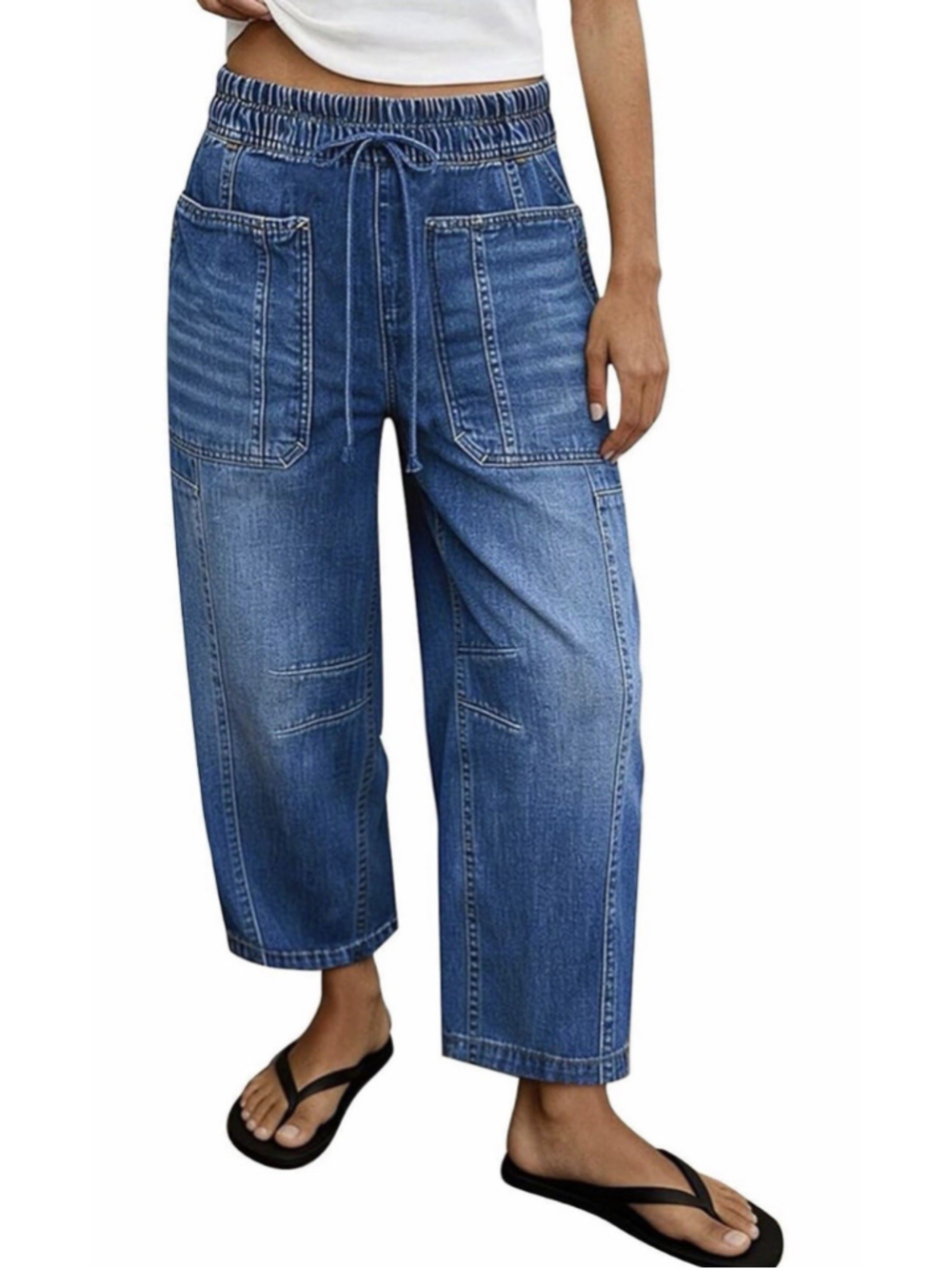 Flamingals Barrel Leg High Waist Drawstring Patch Pocket Jeans XL